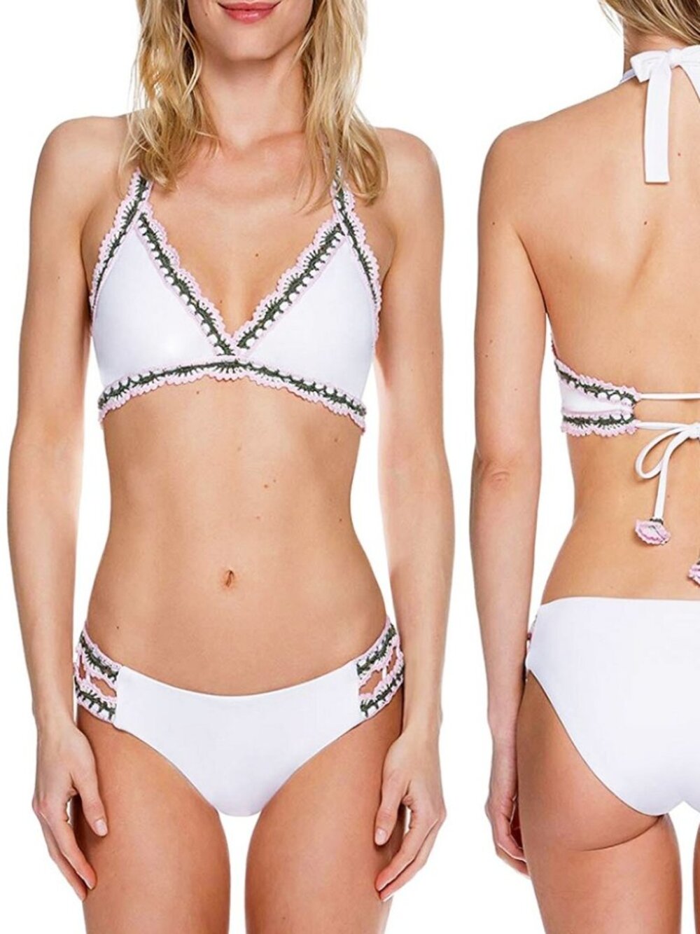 Becca Medina Halter Top White Pink Green 2 Piece Bikini Swimsuit Size M